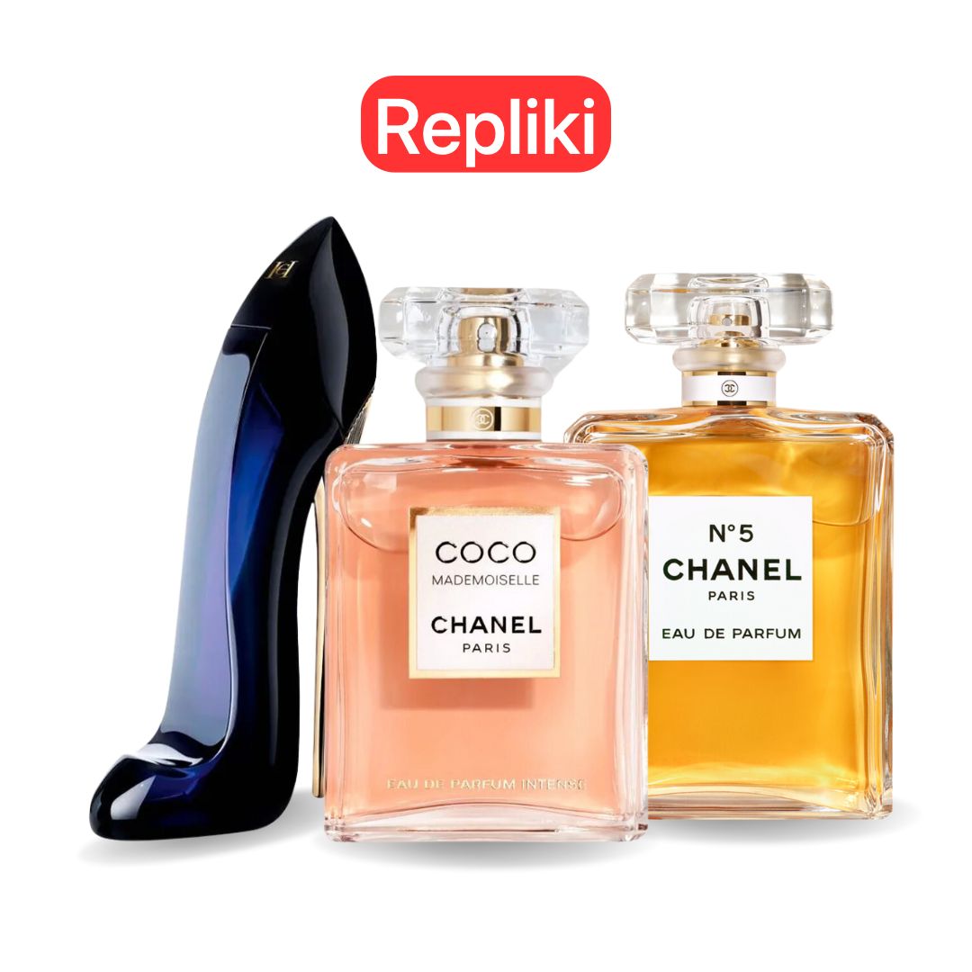 ZESTAW PERFUM TYPU ZAMIENNIK (NIEORYGINALNE REPLIKI) Inspirowane perfumami: GOOD GIRL, COCO MADEMOISELLE i Chanel Nº5 100 ml.