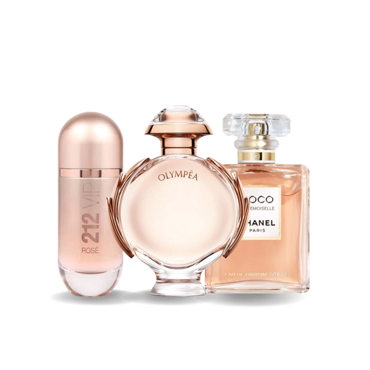 Promocyjny pakiet 3 perfum: Carolina Herrera 212 VIP ROSÉ, Paco Rabanne OLYMPÉA i Chanel COCO MADEMOISELLE 100 ml.